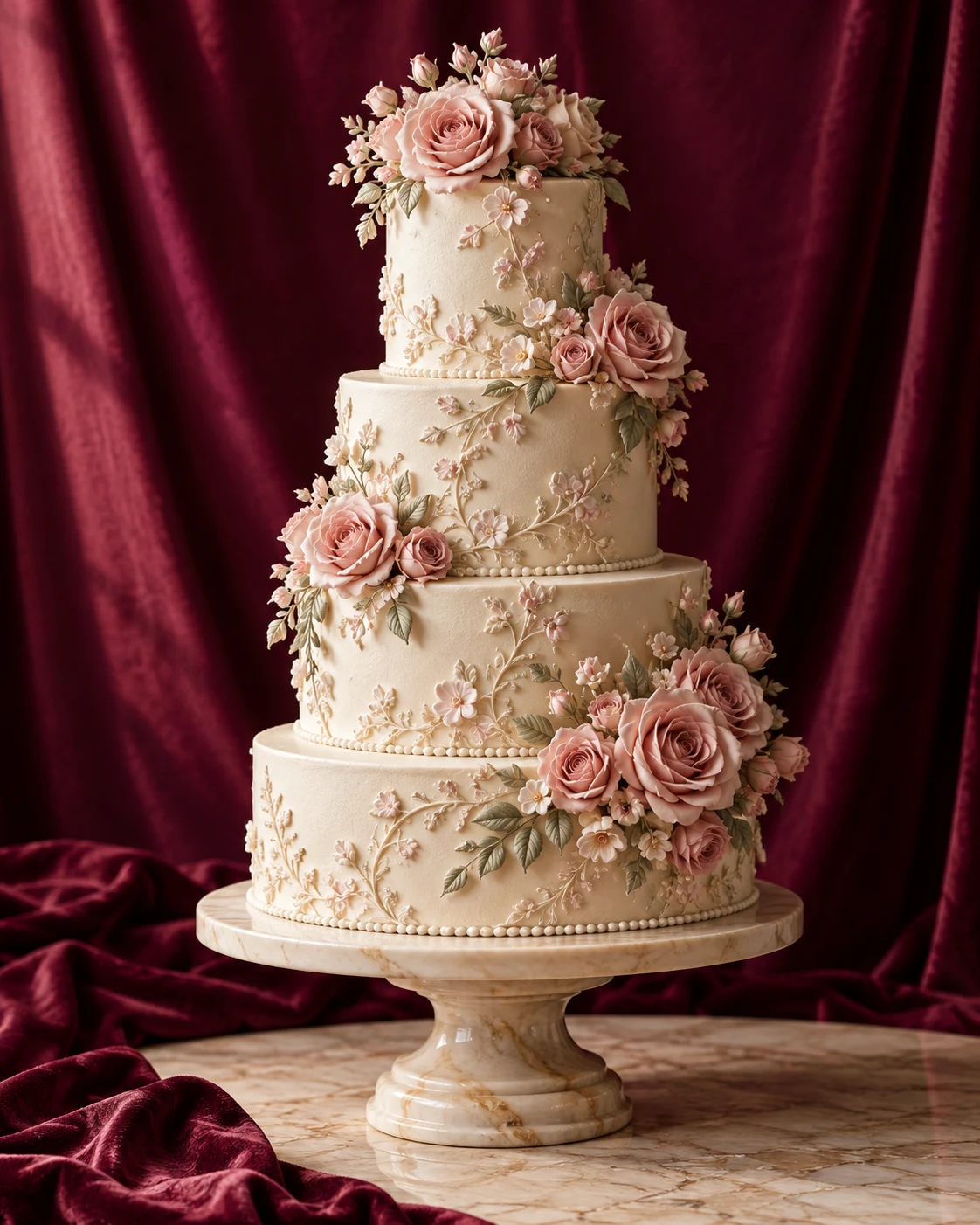 Wedding cake design inspiration: ivory tiers with delicate blush sugar roses and floral details
